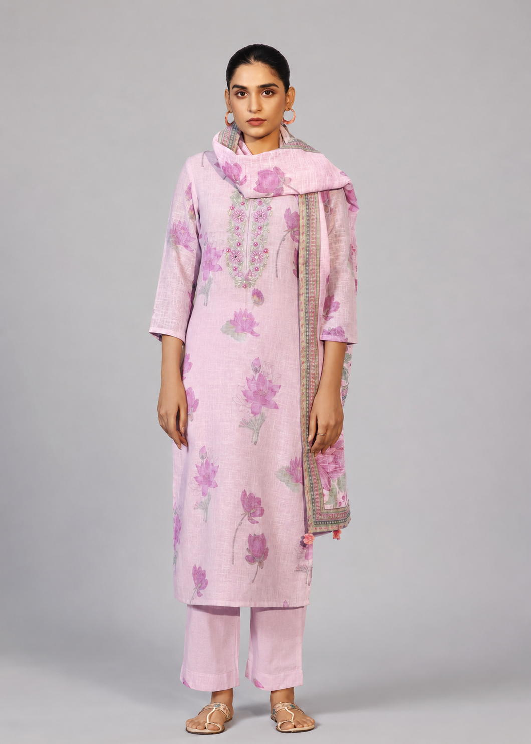 Pink Poly Linen Digital Print Kurta Set with Cotton Bottom & Dupatta