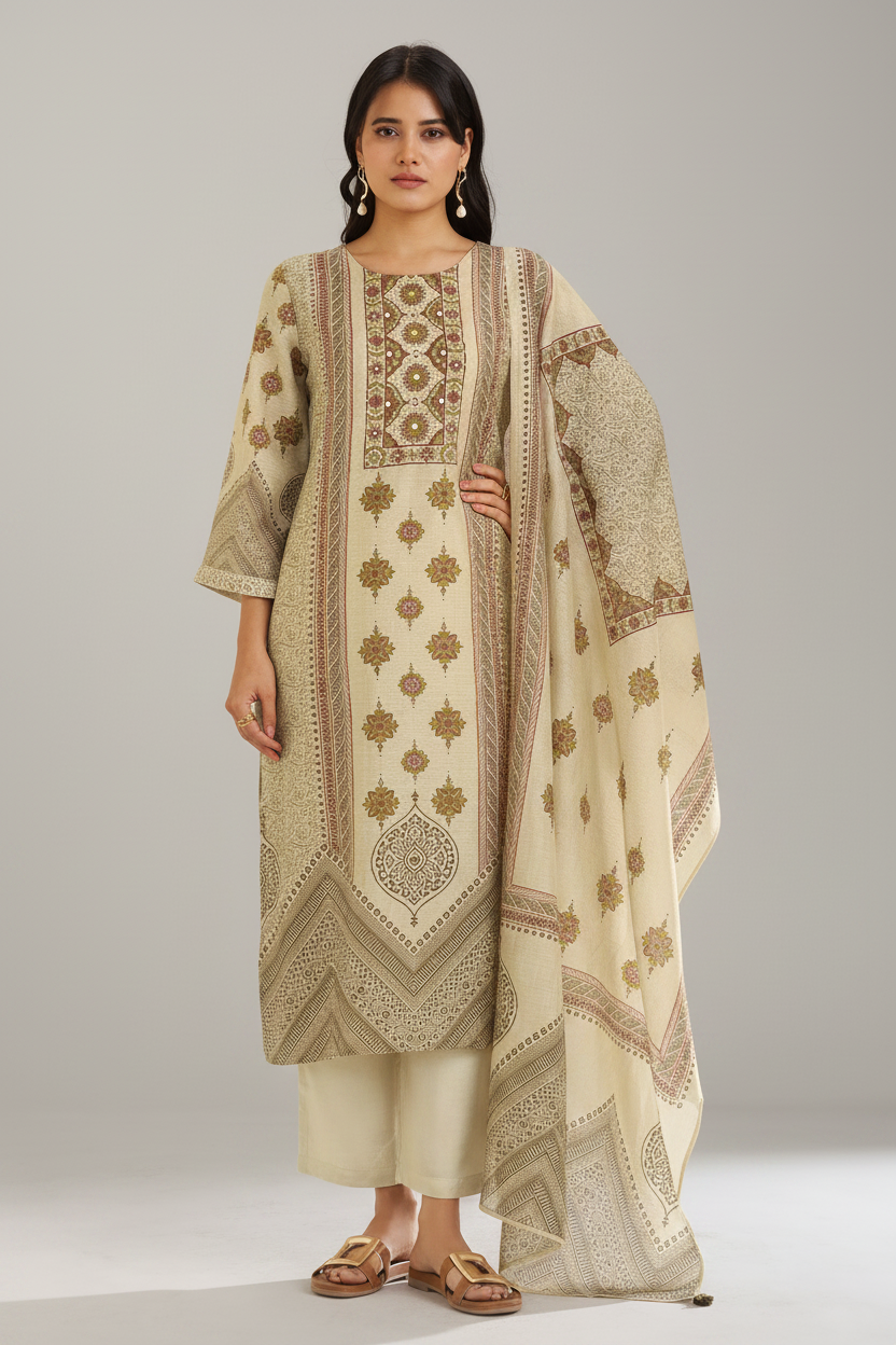 Mughal Parchment Shimmer linen Digital printed Kurta Set