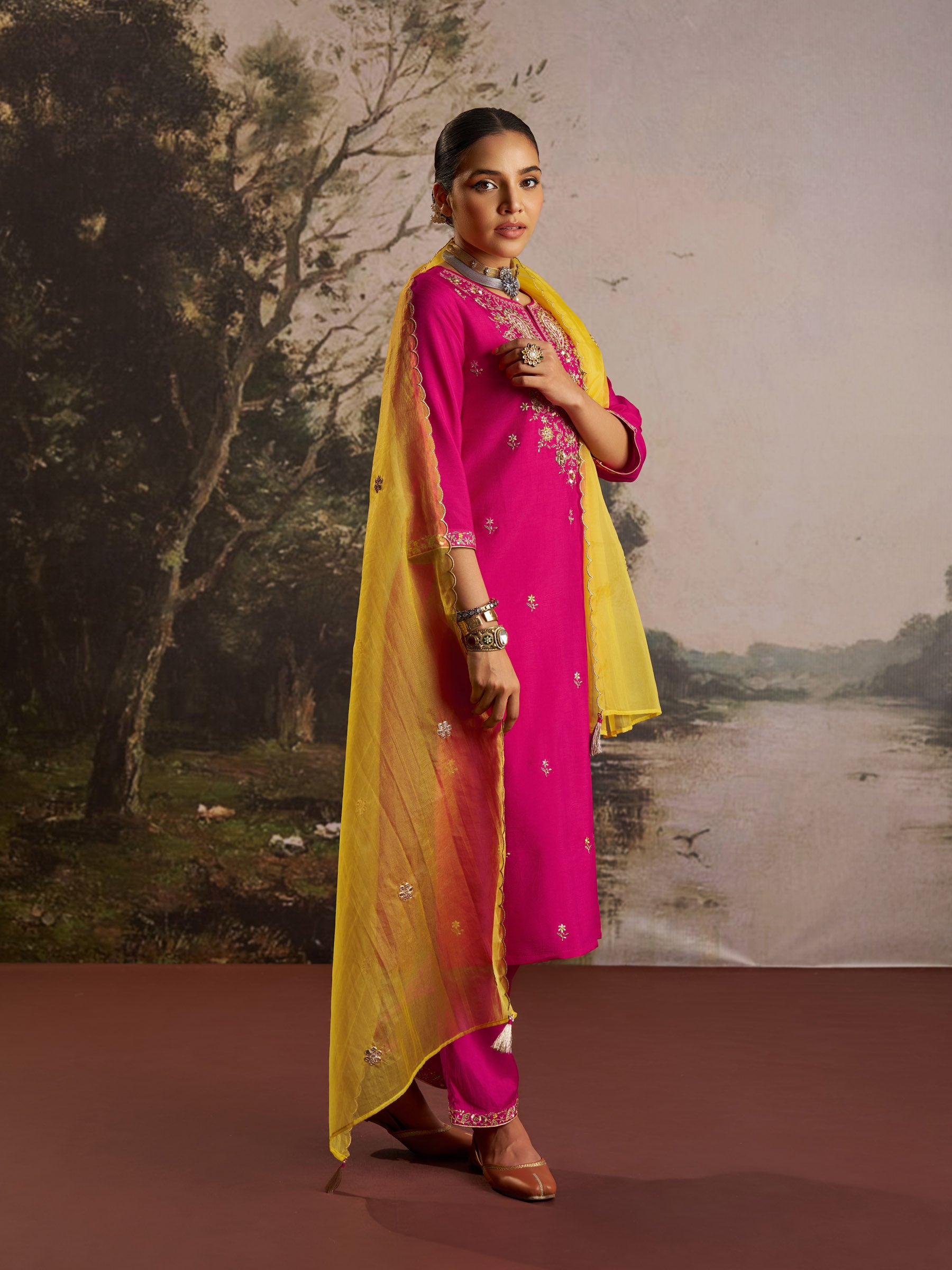 Cerise Silk Embroidery Kurta Set
