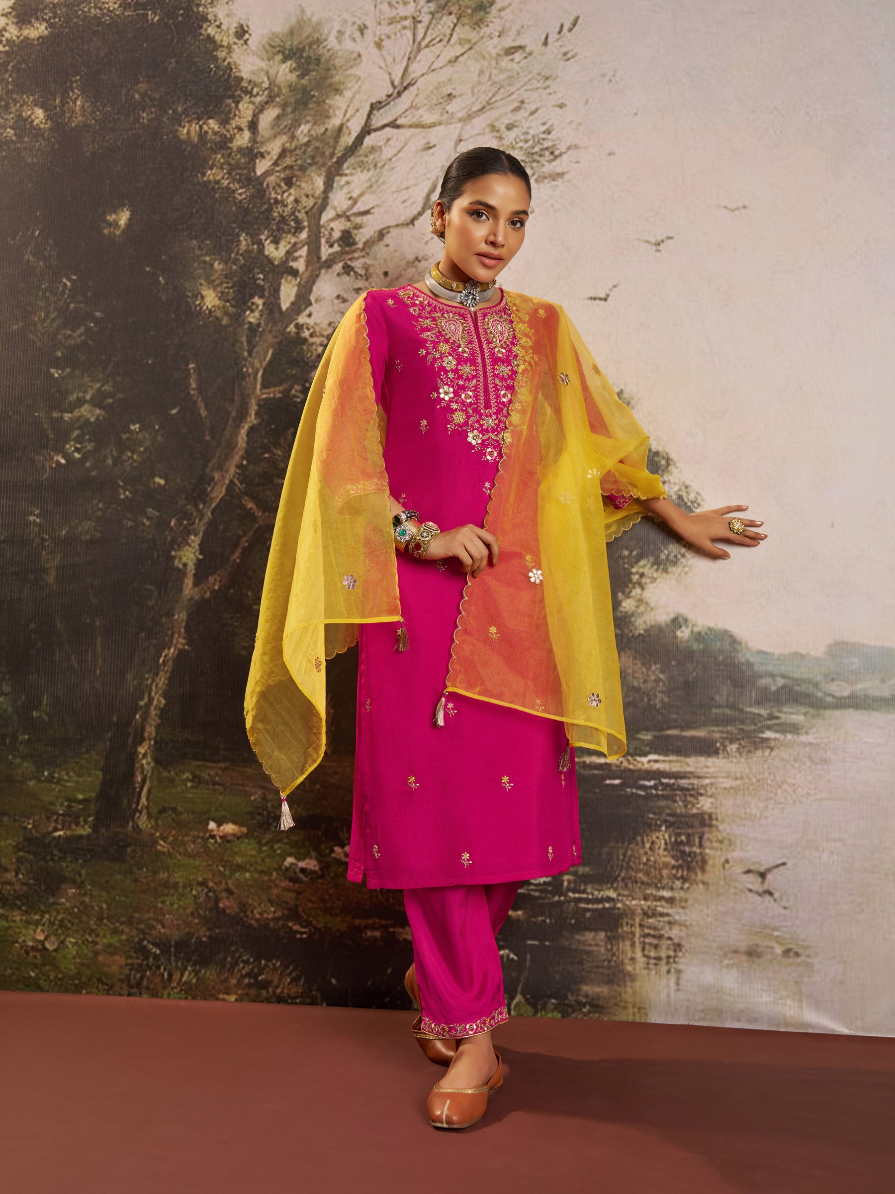 Cerise Silk Embroidery Kurta Set