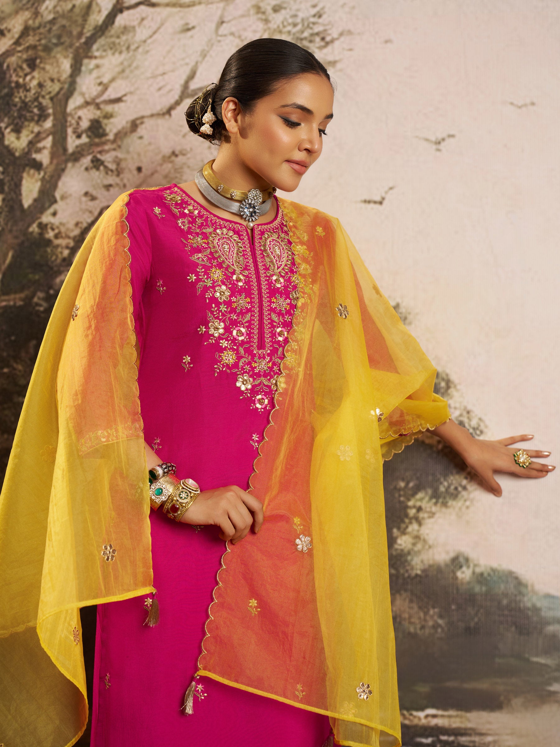 Cerise Silk Embroidery Kurta Set