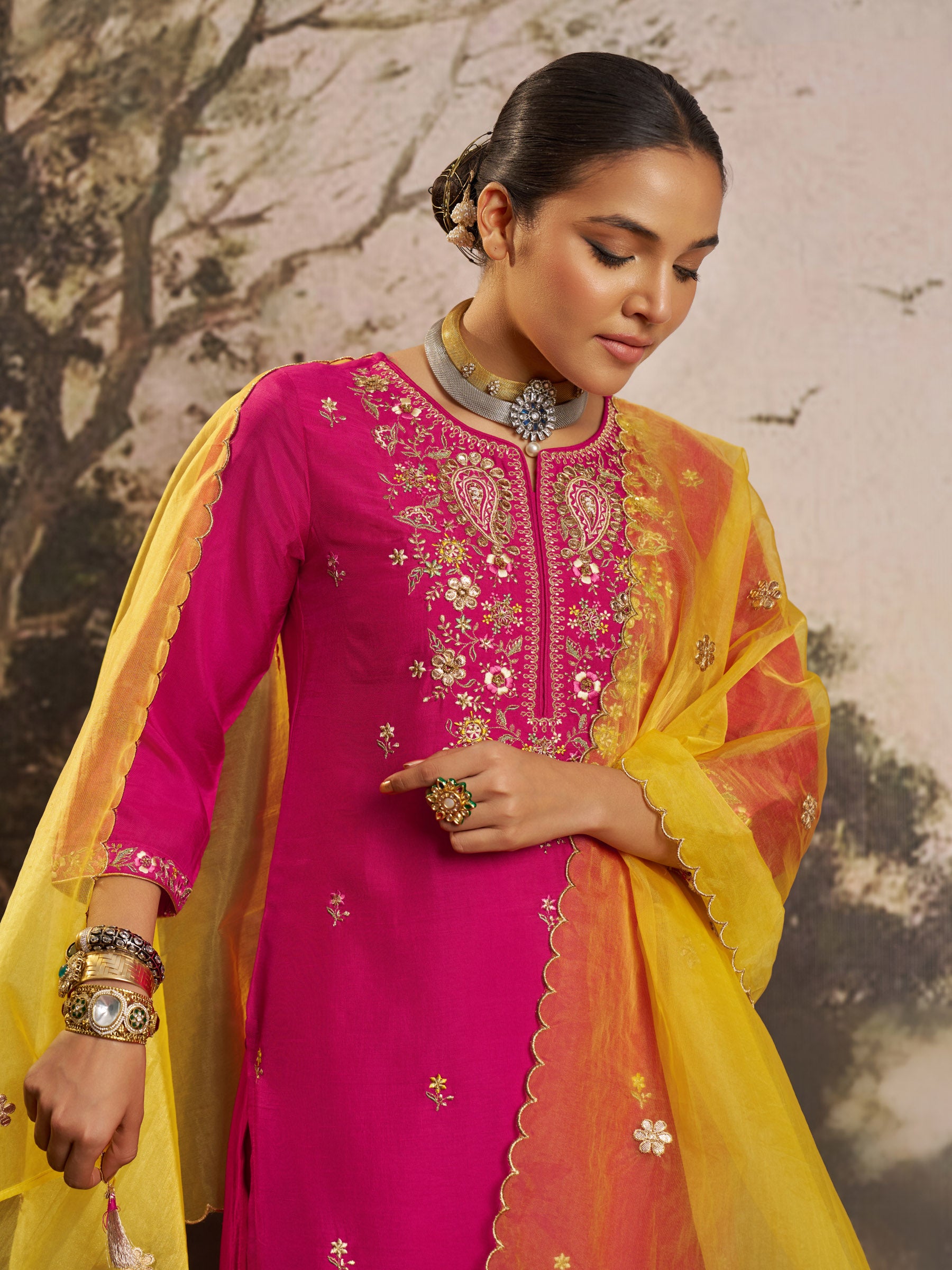 Cerise Silk Embroidery Kurta Set