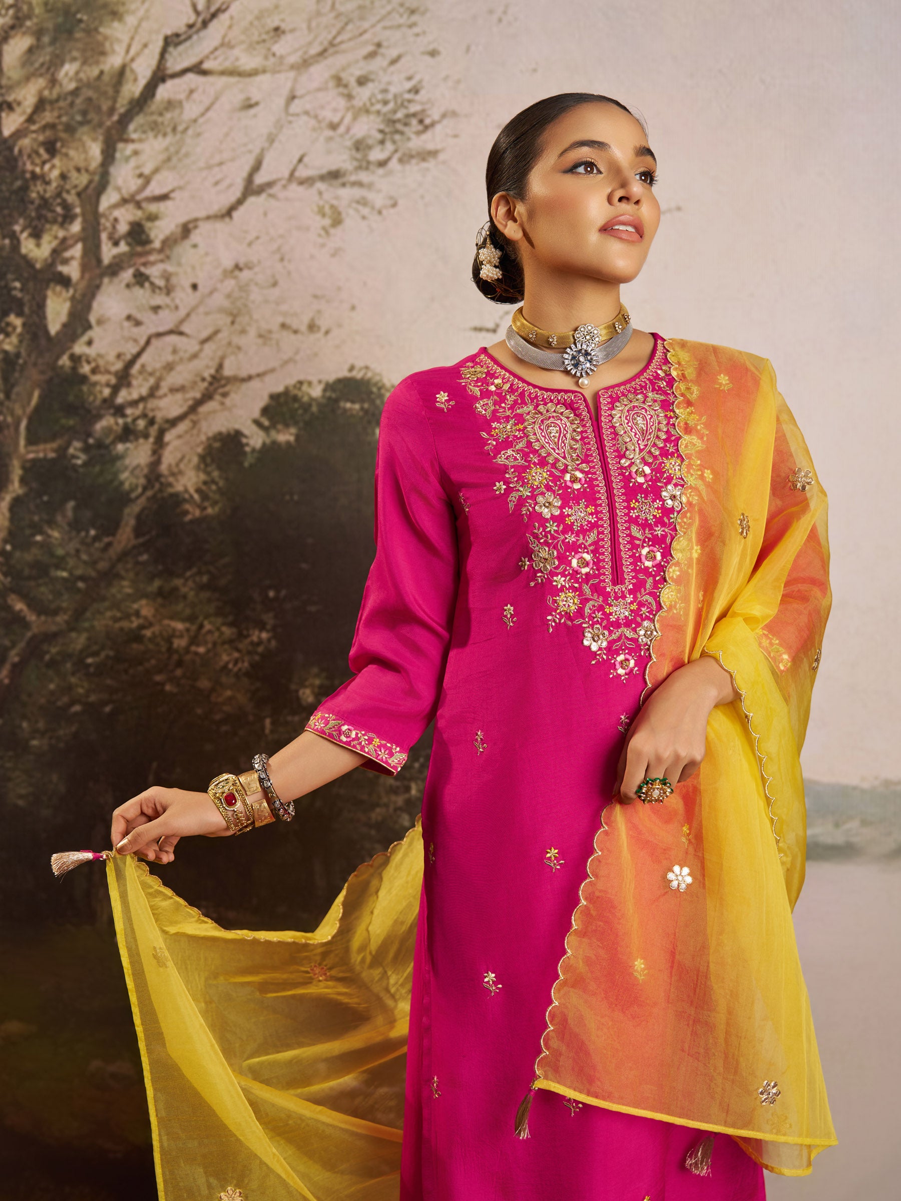 Cerise Silk Embroidery Kurta Set