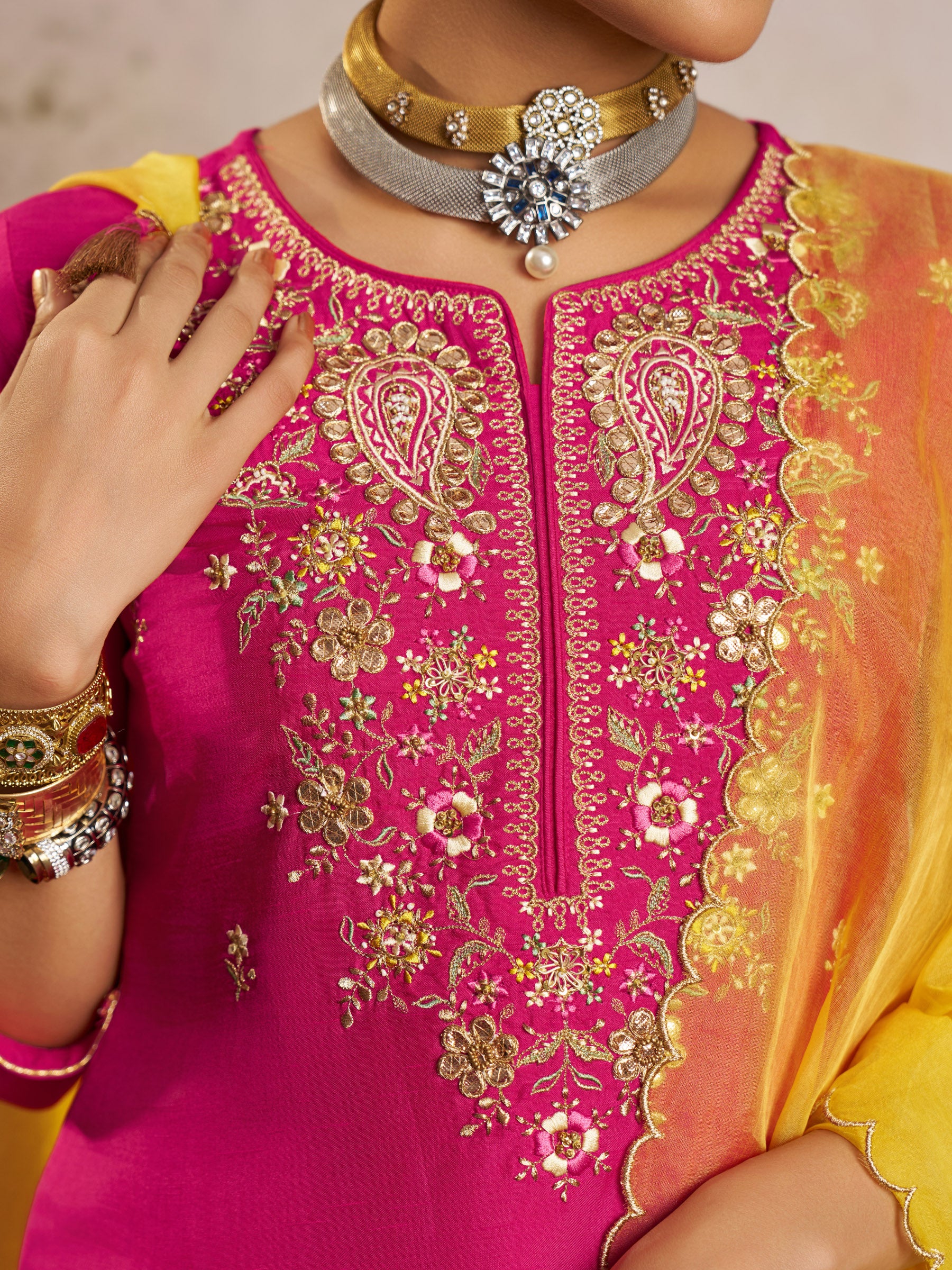 Cerise Silk Embroidery Kurta Set