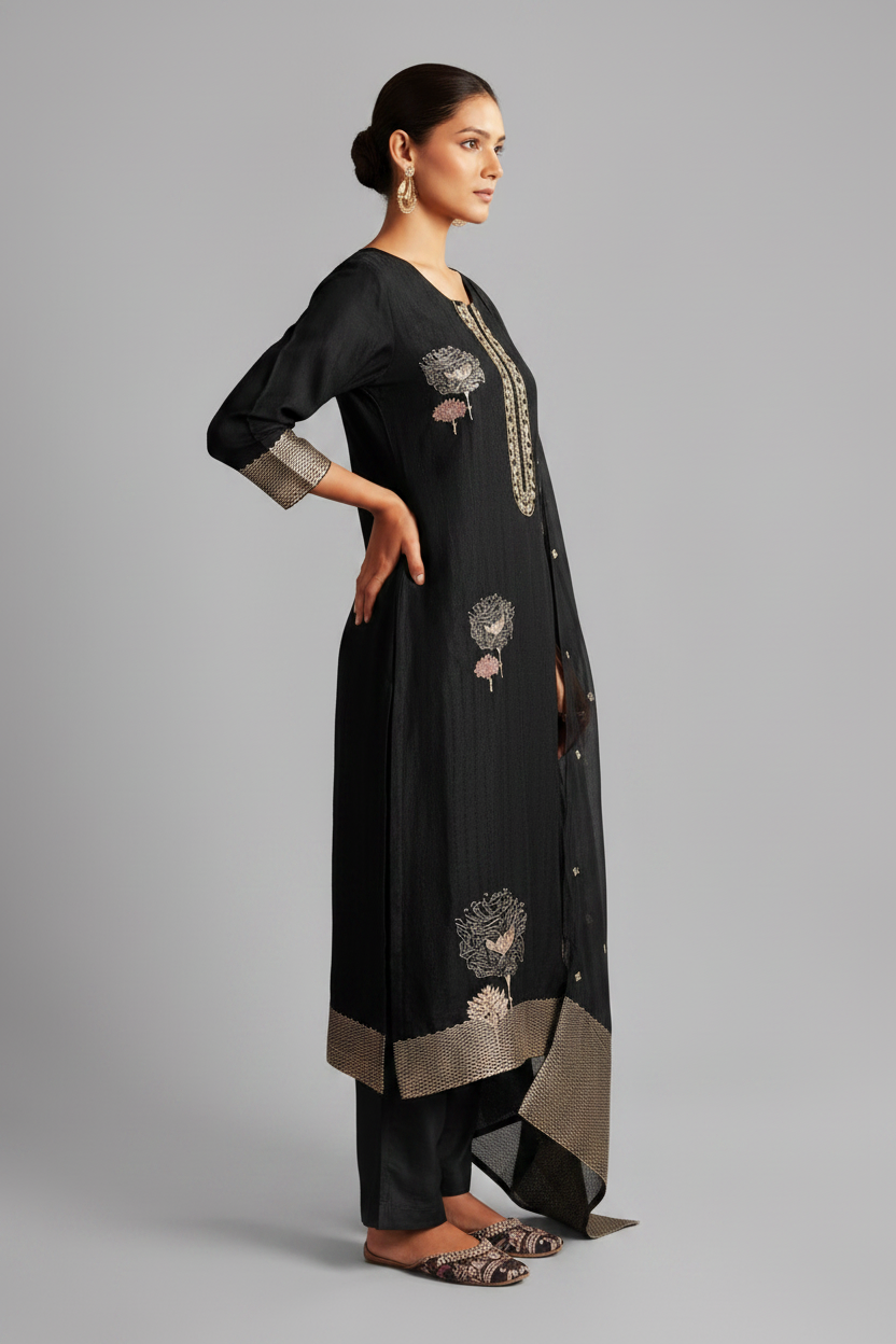 Black Handworked Silk Festive Kurta Set
