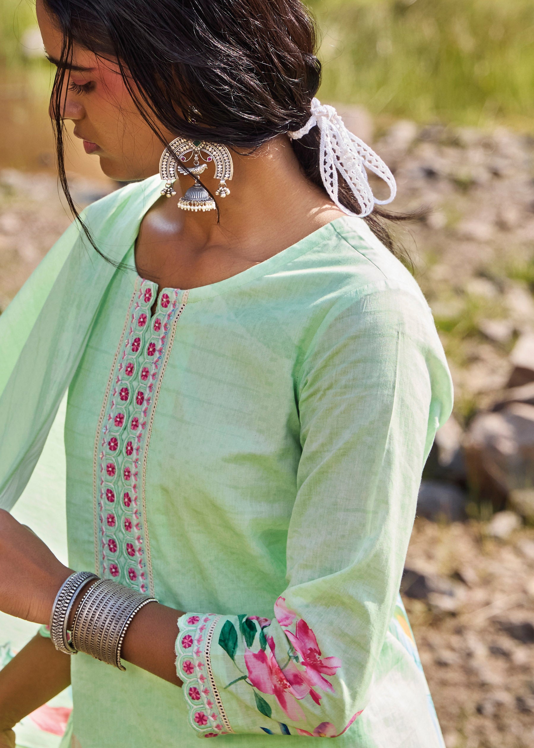 Emelra Misty Mint Printed Cotton Kurta Set