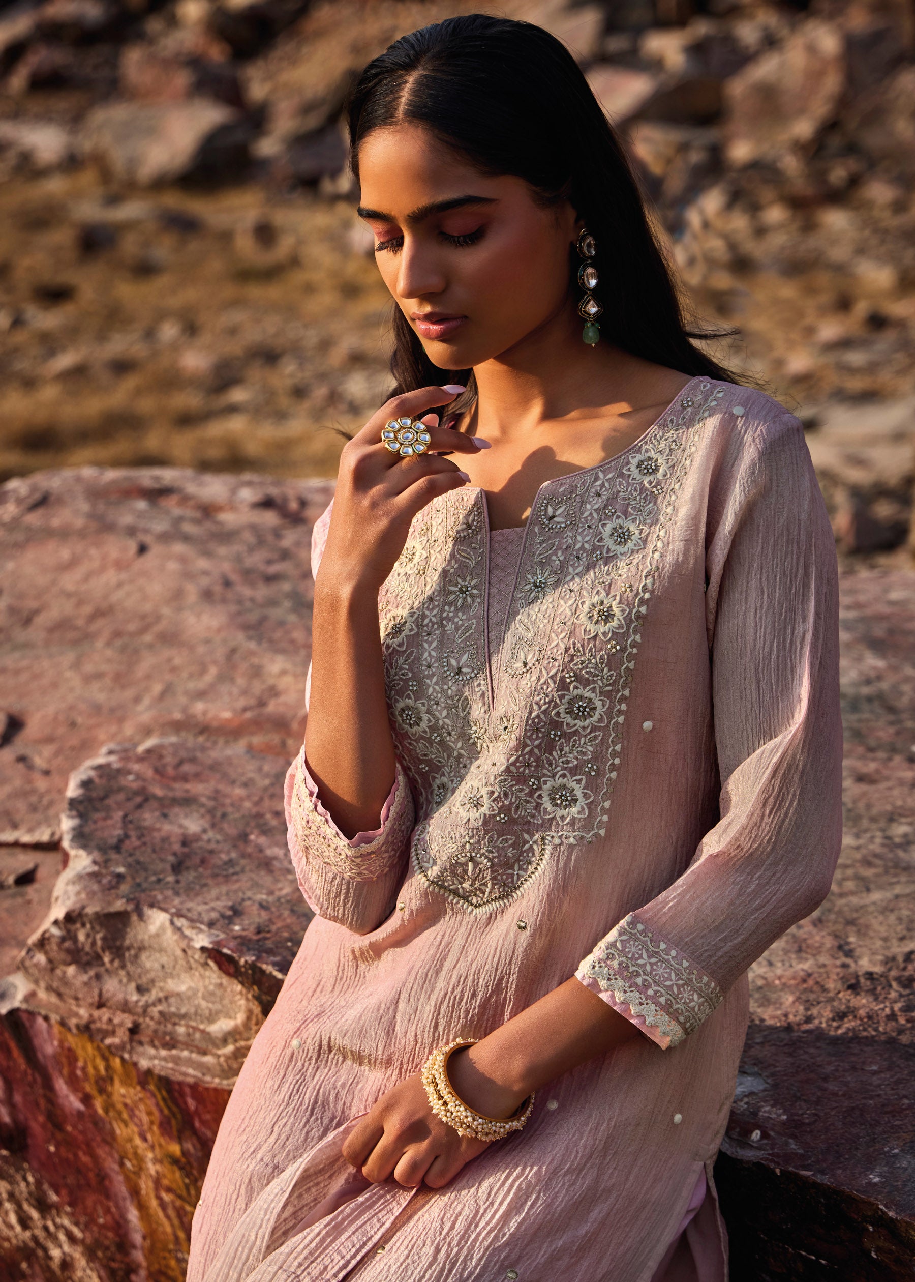 Ormelle Lavender Embroidered Silk Kurta Set