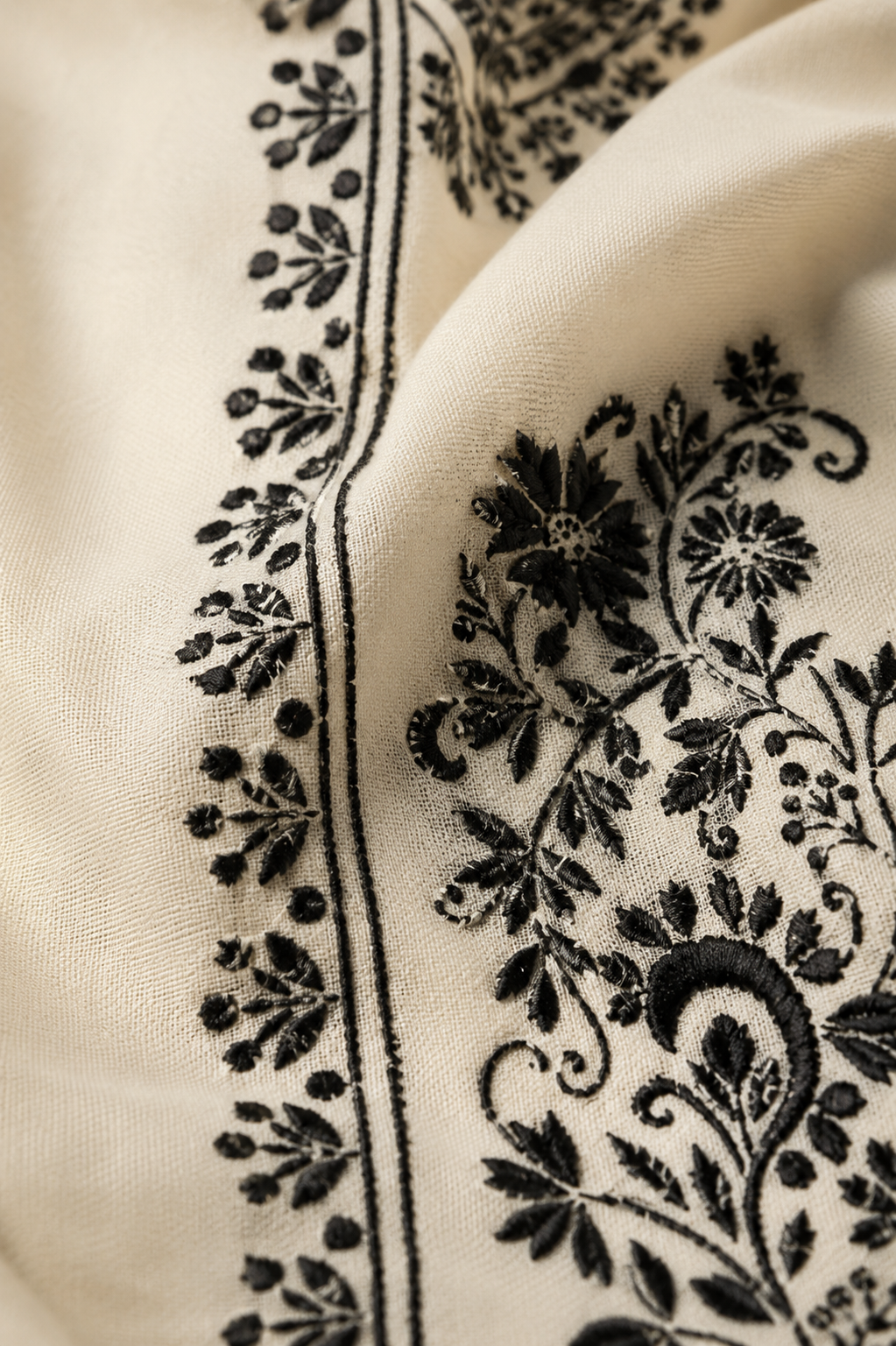 Butter Cream Muslin Black Jacquard Kurta Set