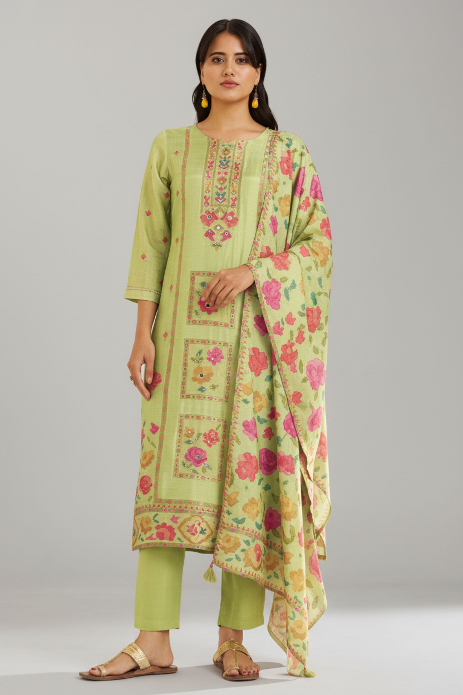 Pistachio Bloom Printed Viscose Jacquard Kurta Set