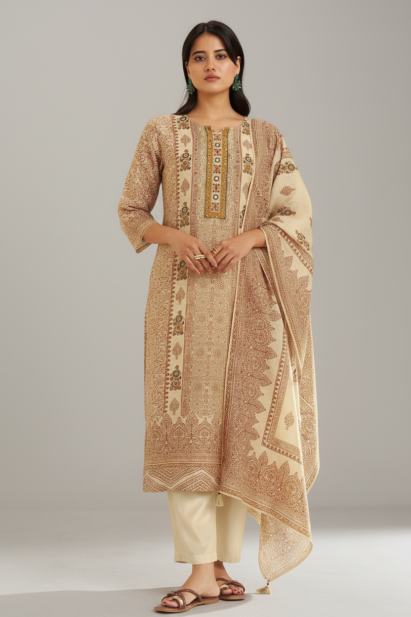 Champagne Beige Shimmer linen Digital printed Kurta Set