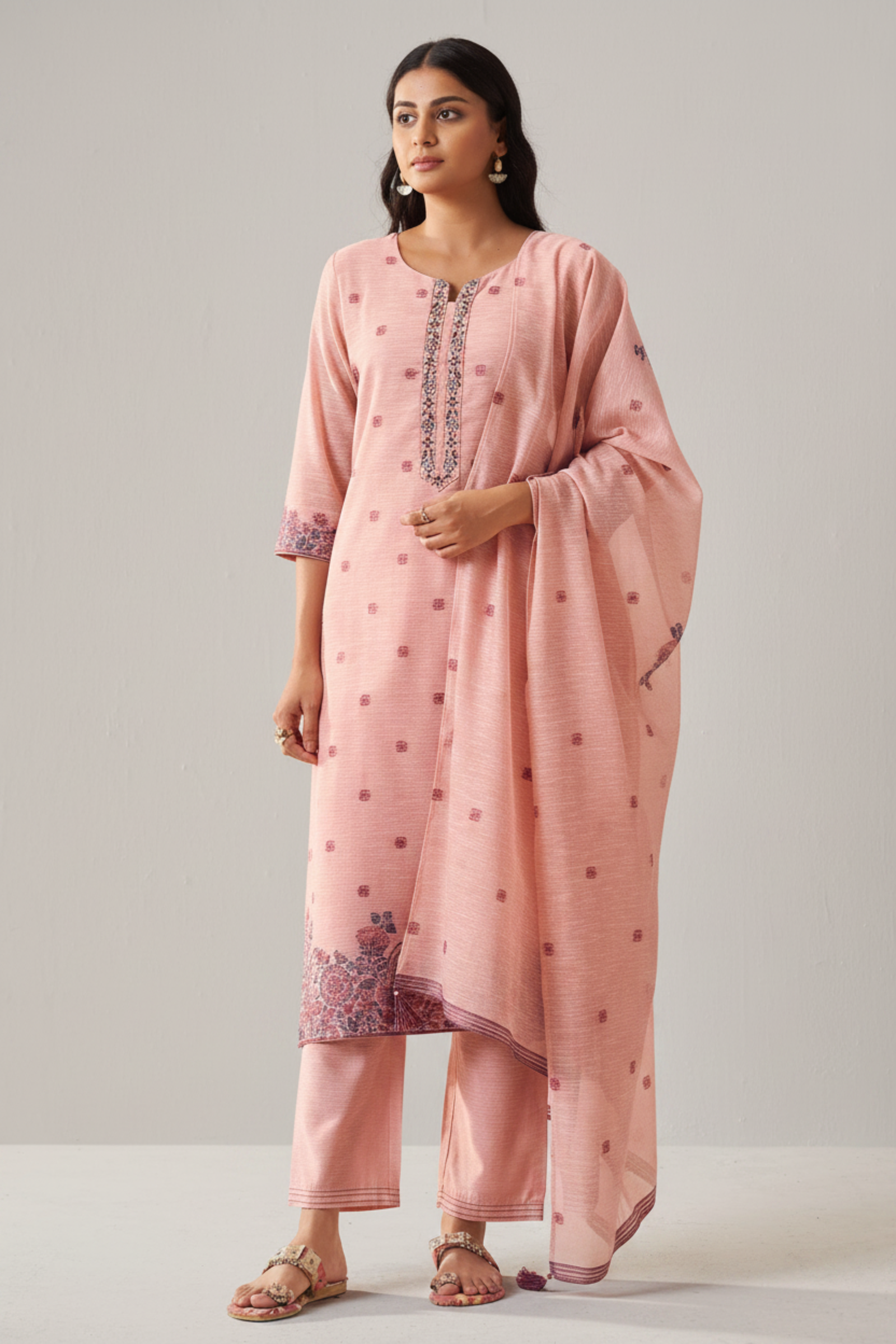 Truffle Pink Linen Chanderi Jacquard Kurta Set