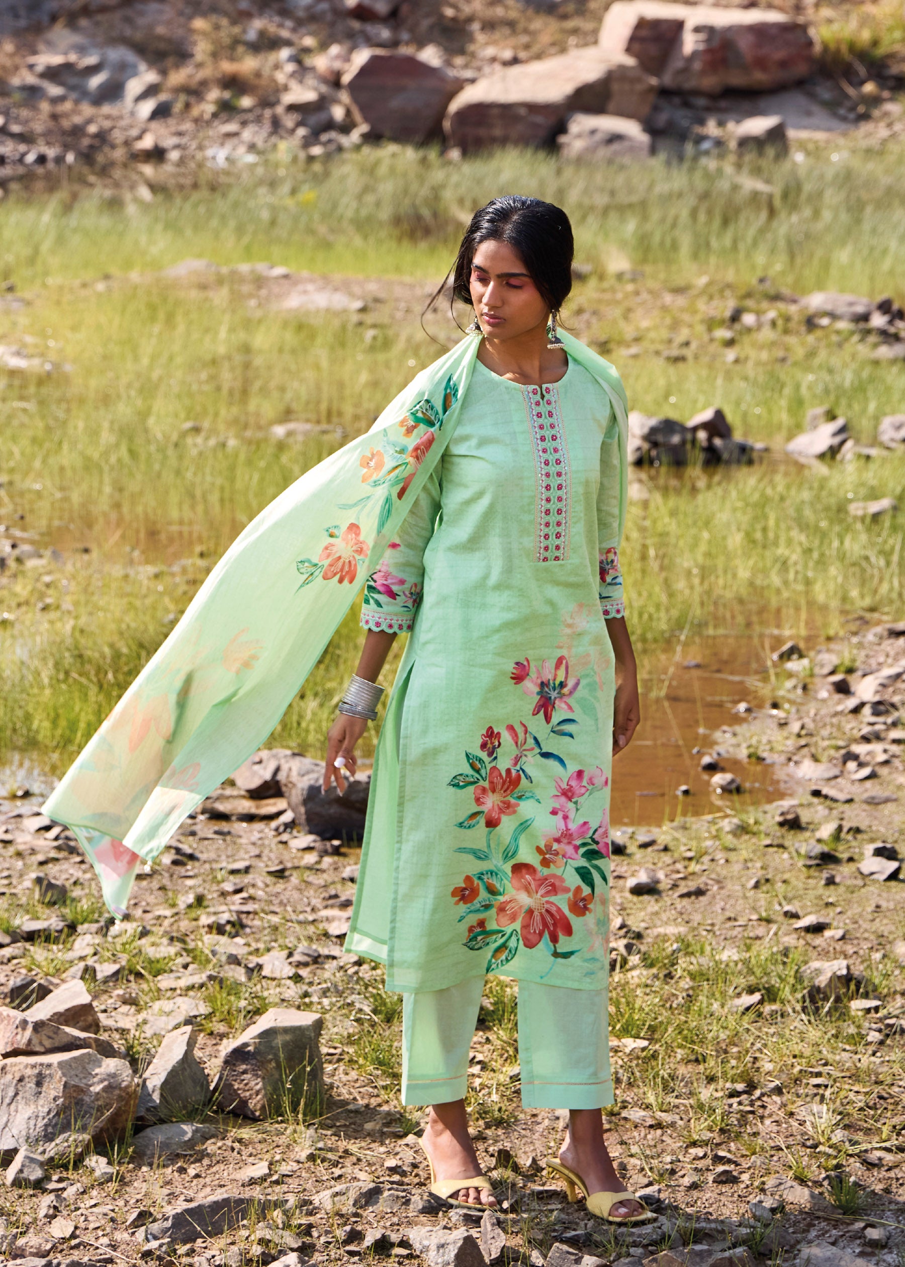 Emelra Misty Mint Printed Cotton Kurta Set
