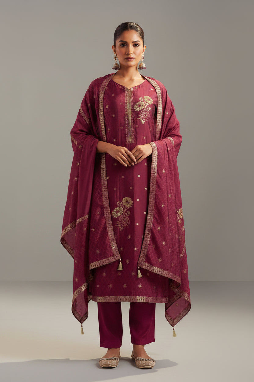Maroon Handworked Silk Festive Kurta Set