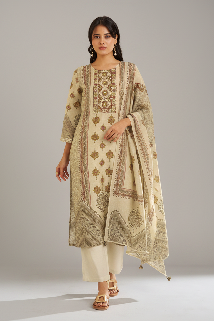 Mughal Parchment Shimmer linen Digital printed Kurta Set