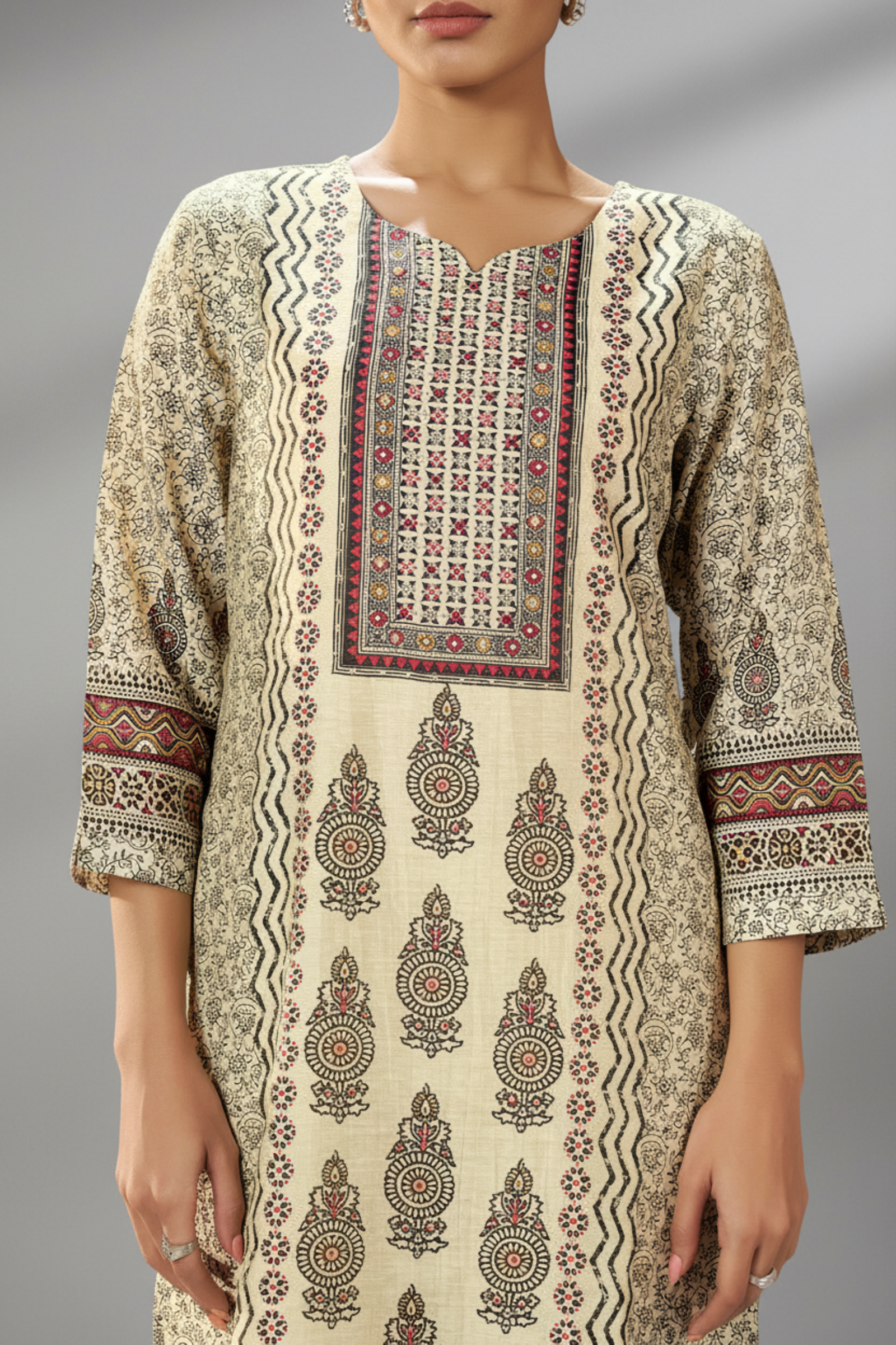 Ivory Artisan Shimmer Linen Digital Printed Kurta Set
