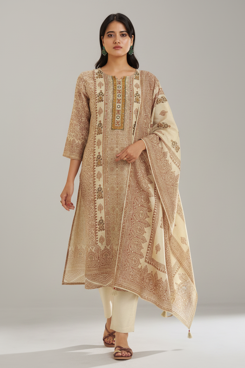 Champagne Beige Shimmer linen Digital printed Kurta Set