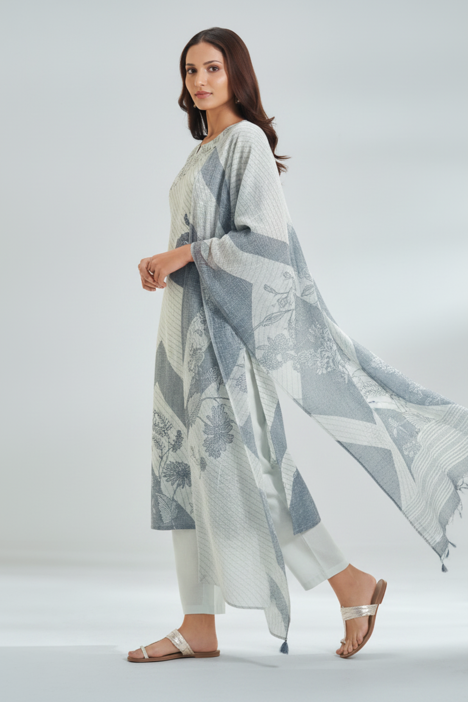 Silver Ash Linen Cotton Digital Printed Kurta Set