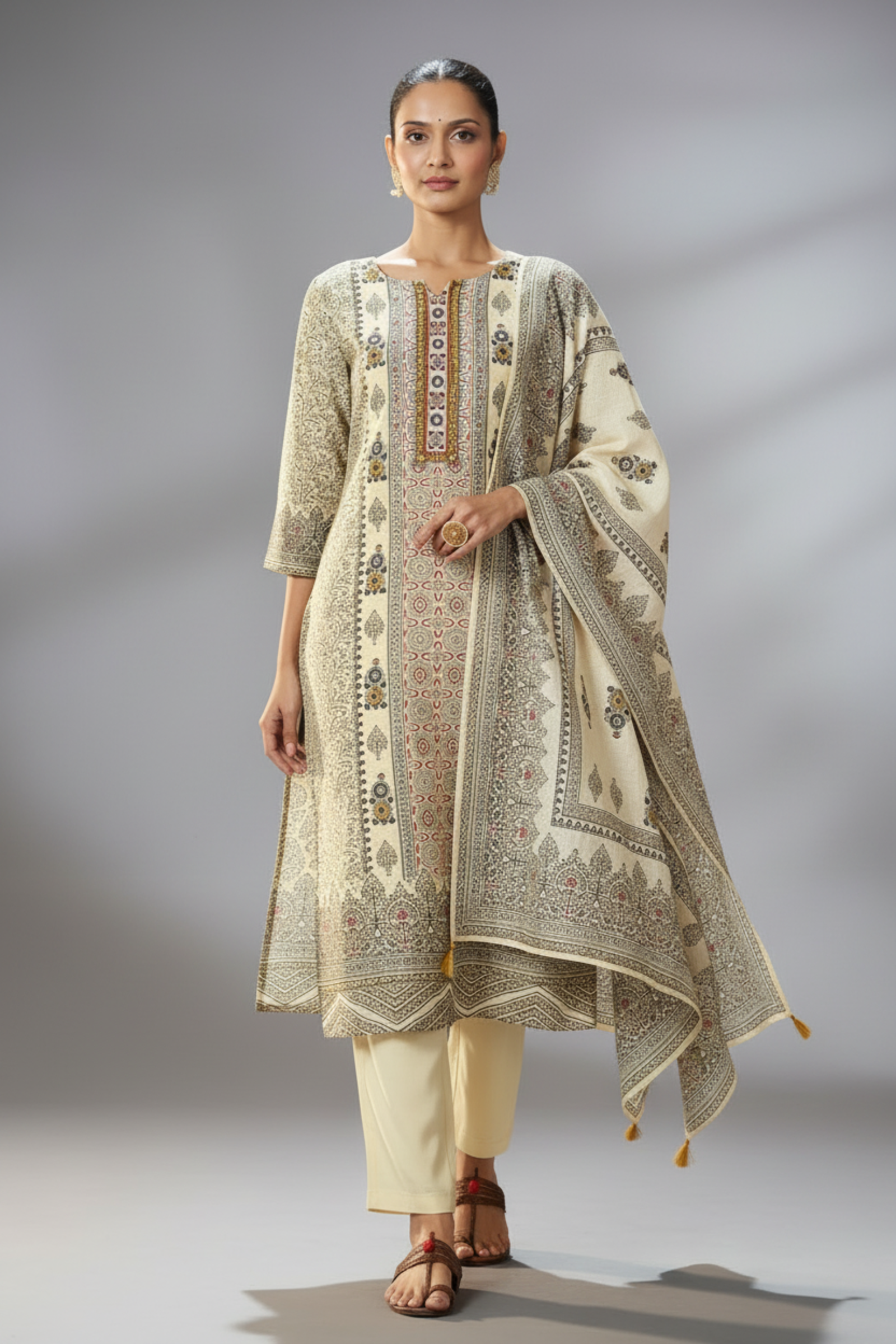 Ivory Buti Shimmer Linen Digial Printed Kurta Set