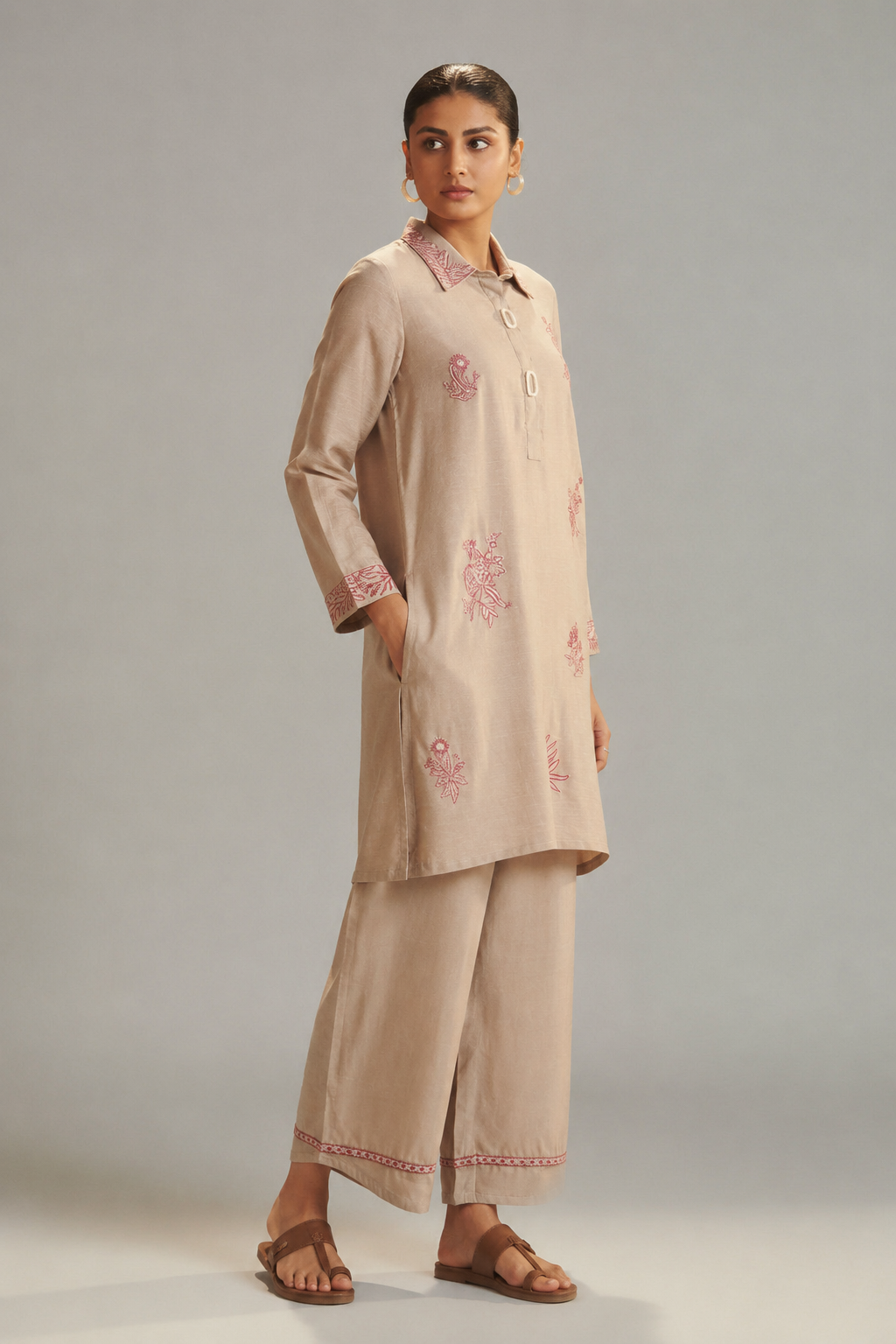 Hazelnut Biege Linen Embroidery Co-ord Set
