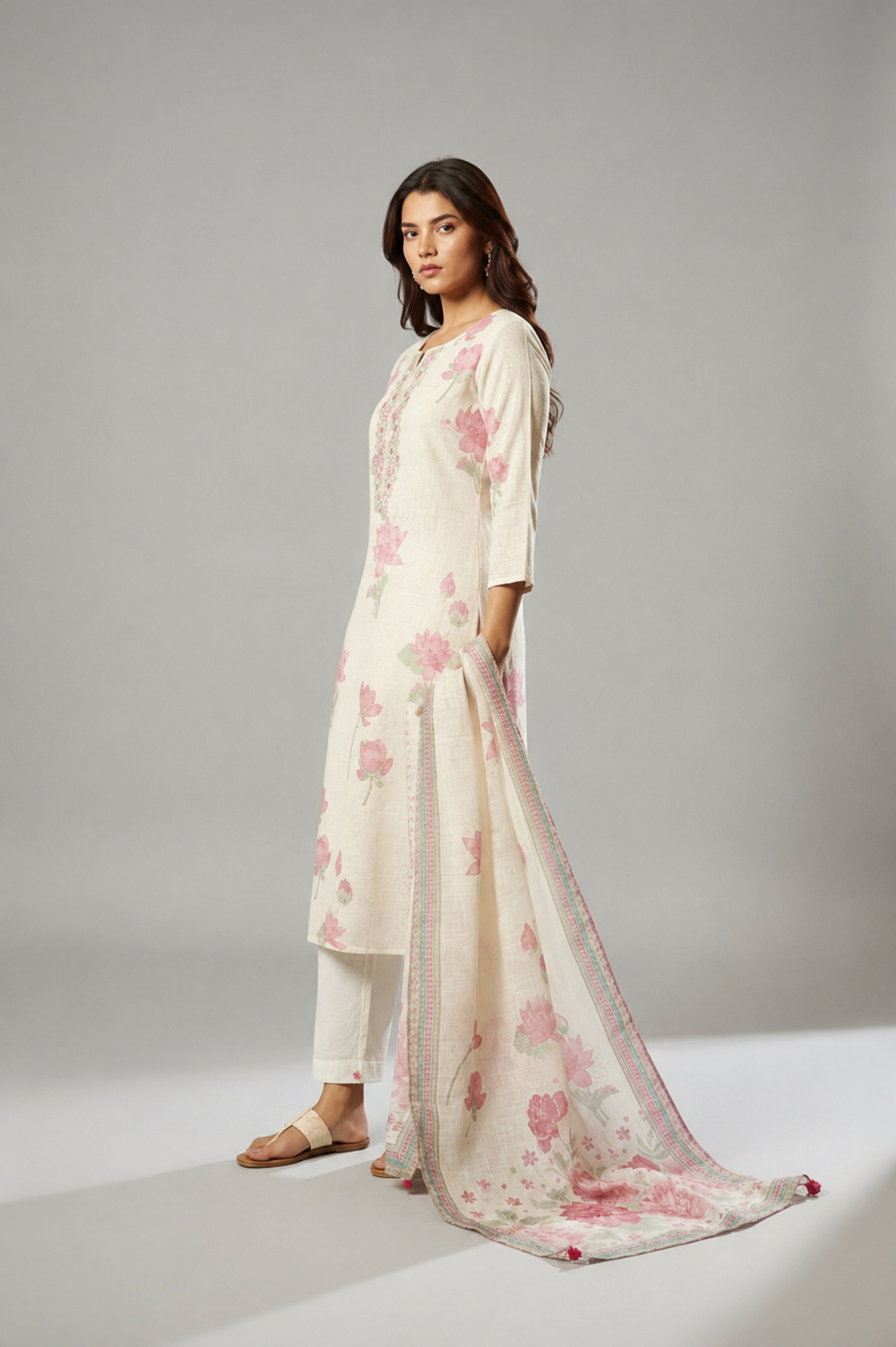 Digital Printed & Embroidered Floral Cotton Linen Kurta Set