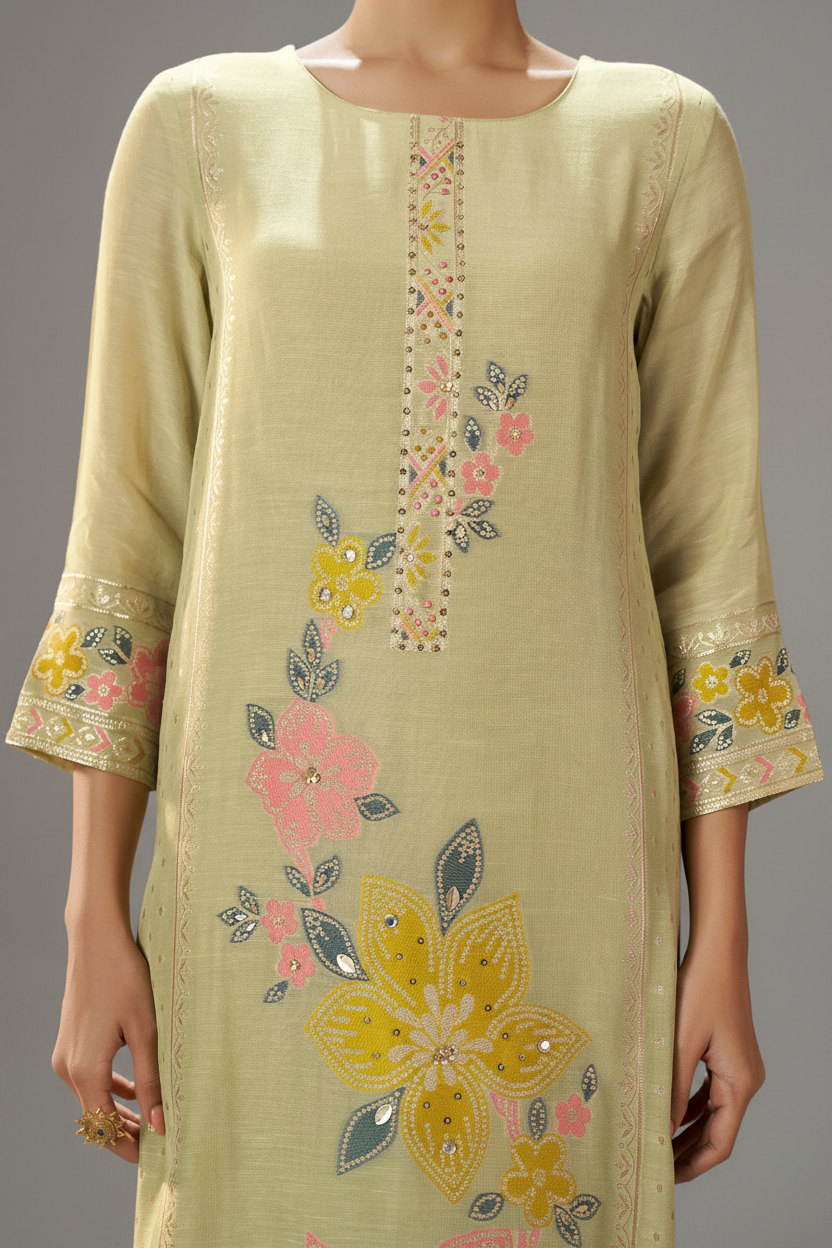Sage Floral Reverie Viscose Linen Jacquard Multi Meena Kurta Set
