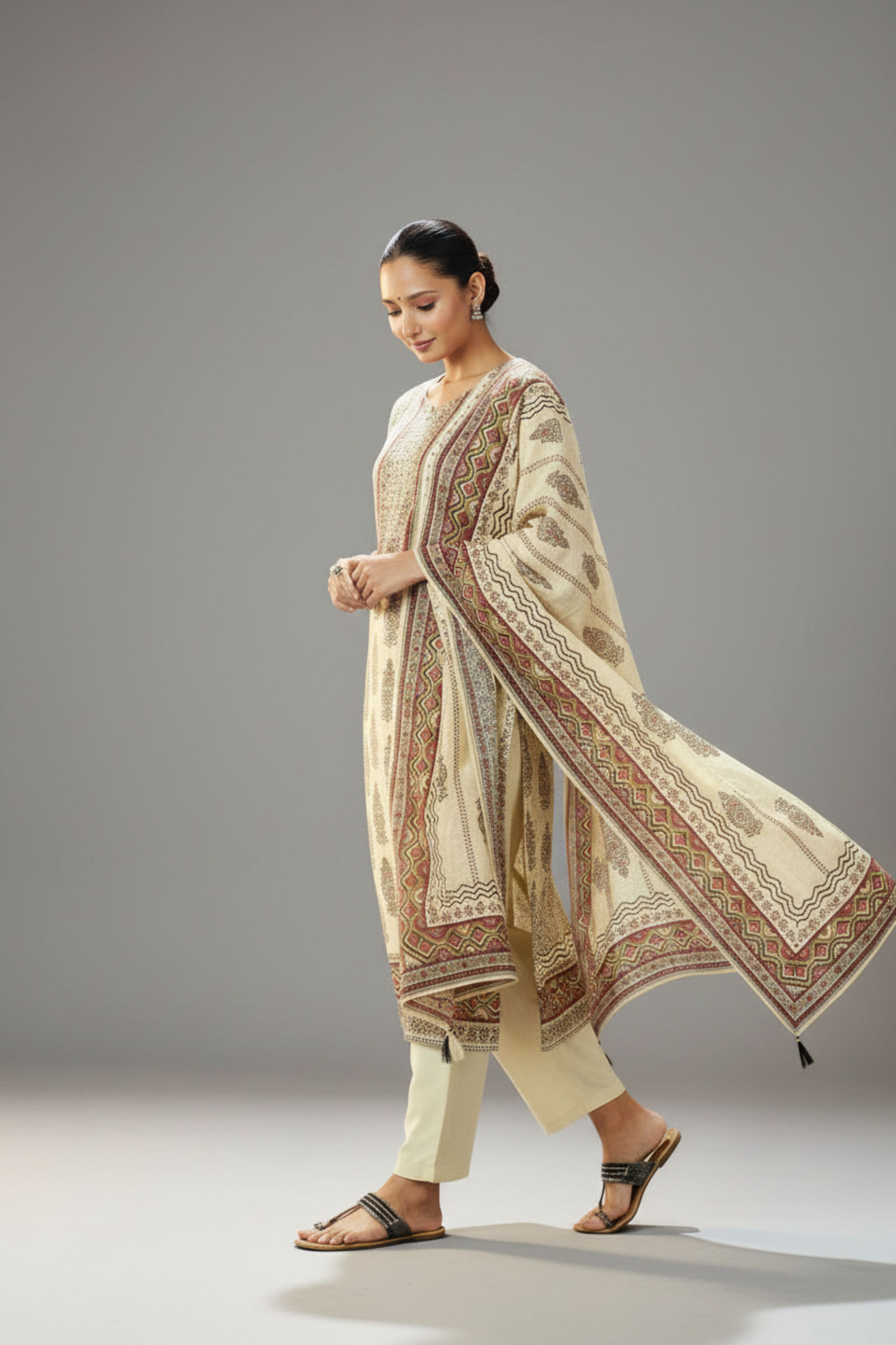 Ivory Artisan Shimmer Linen Digital Printed Kurta Set