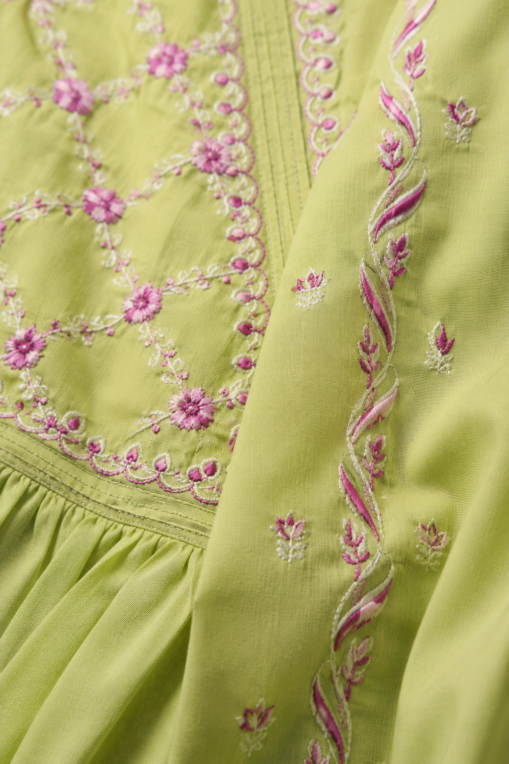 Lime Green A-Line Pure Cotton Embroidery Kurta Set