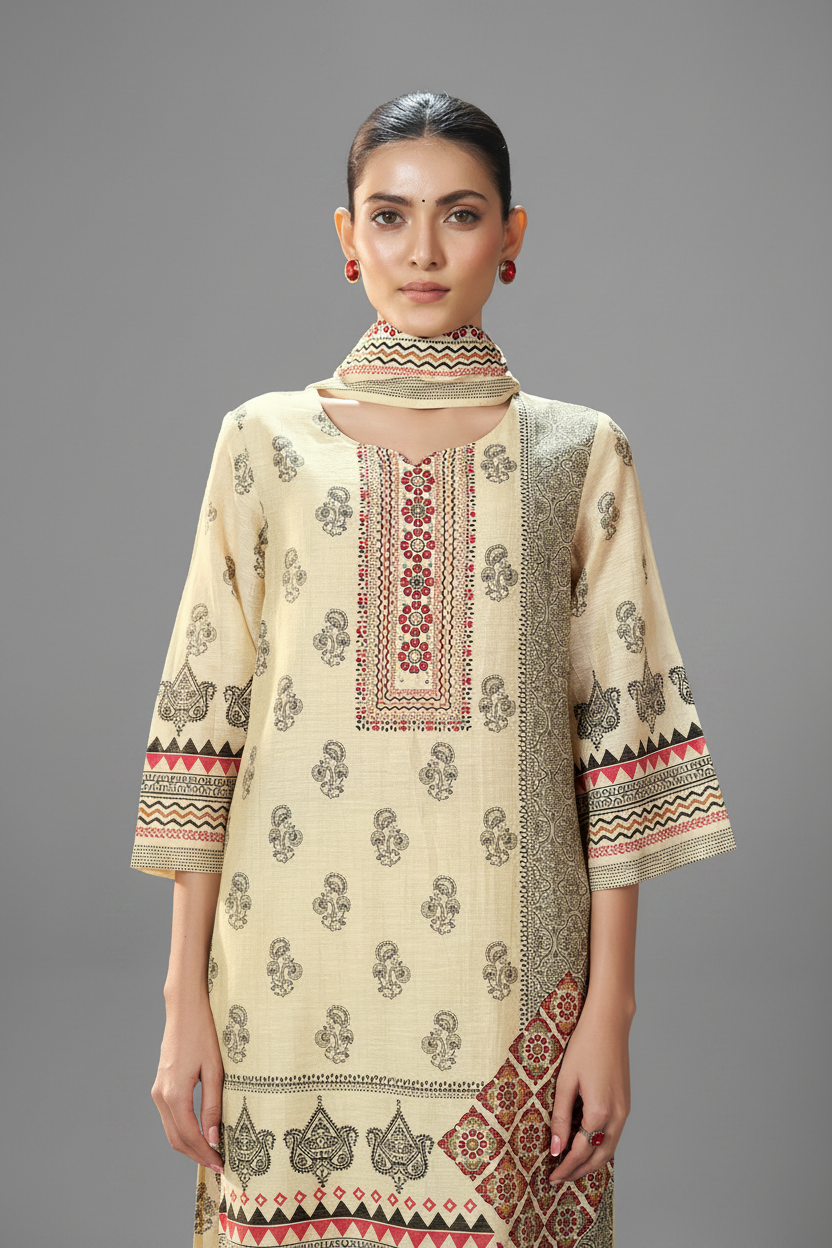 Ivory Caravan Shimmer Linen Digital Printed Kurta Set