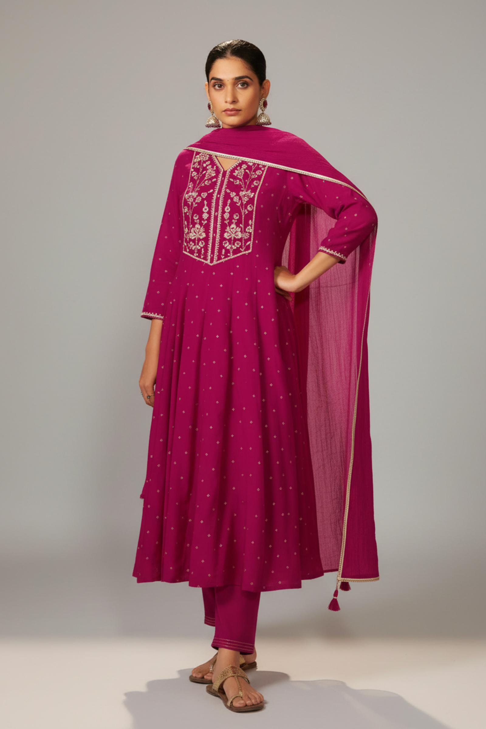 Bold Magenta Mul Chanderi Table Print Anarkali Kurta Set