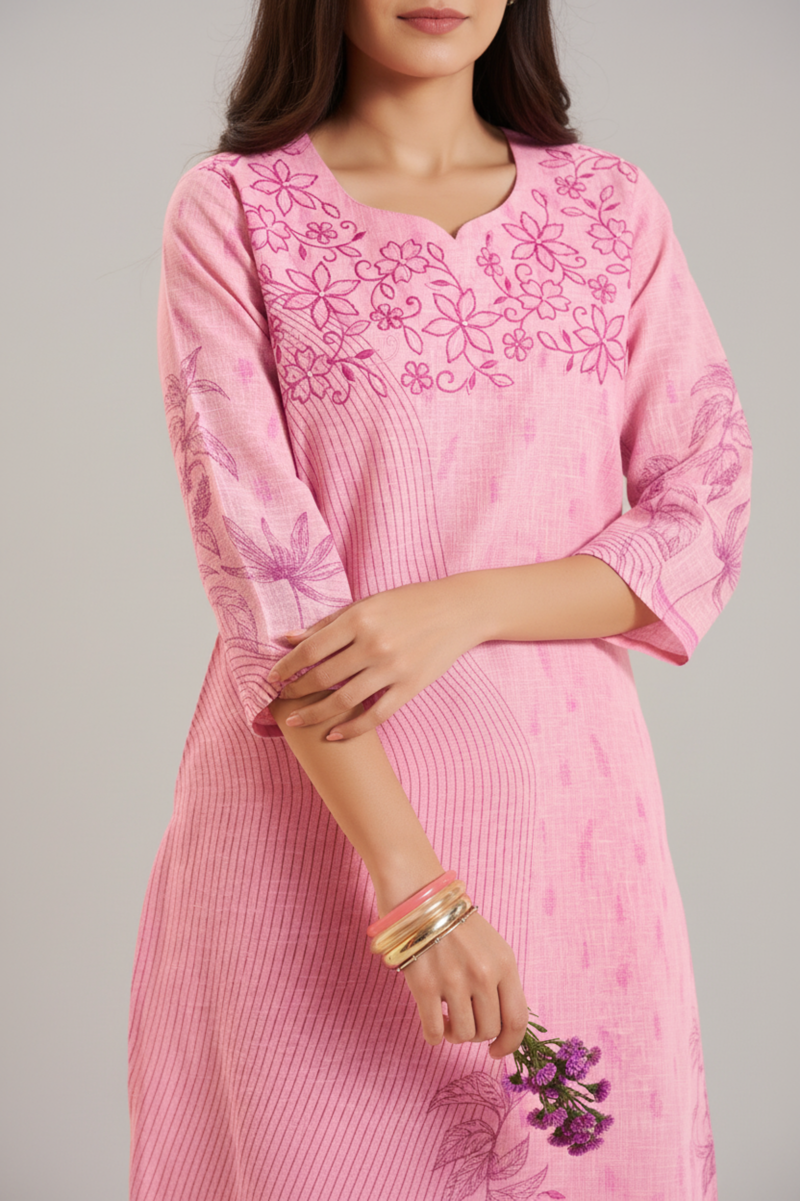 Soft Fuchsia Linen Cotton Digital Printed Kurta Set