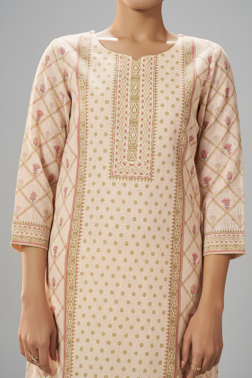 Blush Ivory Buti Linen Cotton Digital Printed Kurta Set