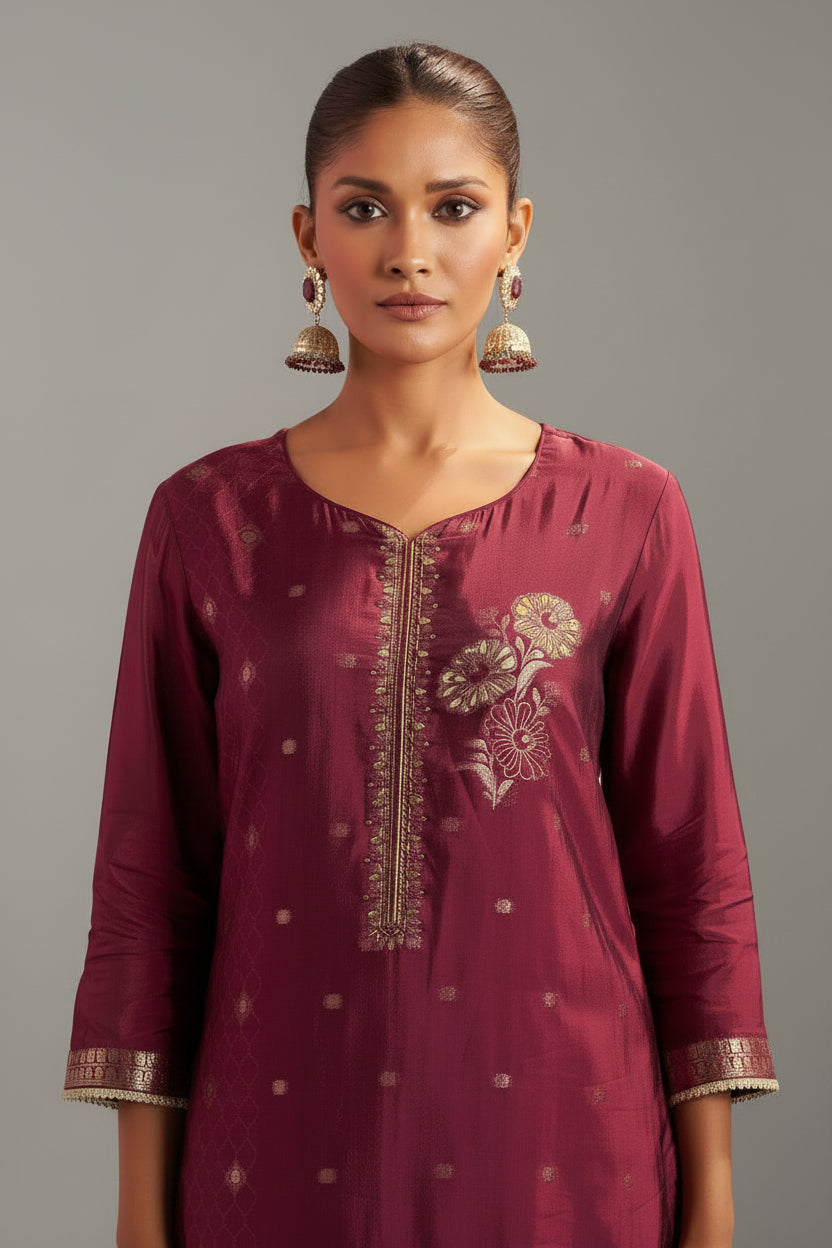 Maroon Handworked Silk Festive Kurta Set