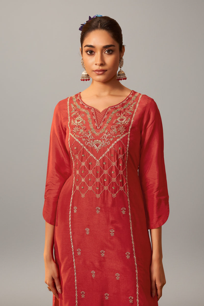 Orange Handworked Silk Festive Kurta Set