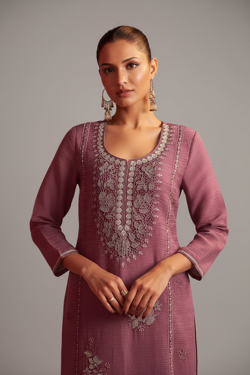 Mauve Handworked Silk Festive Kurta Set
