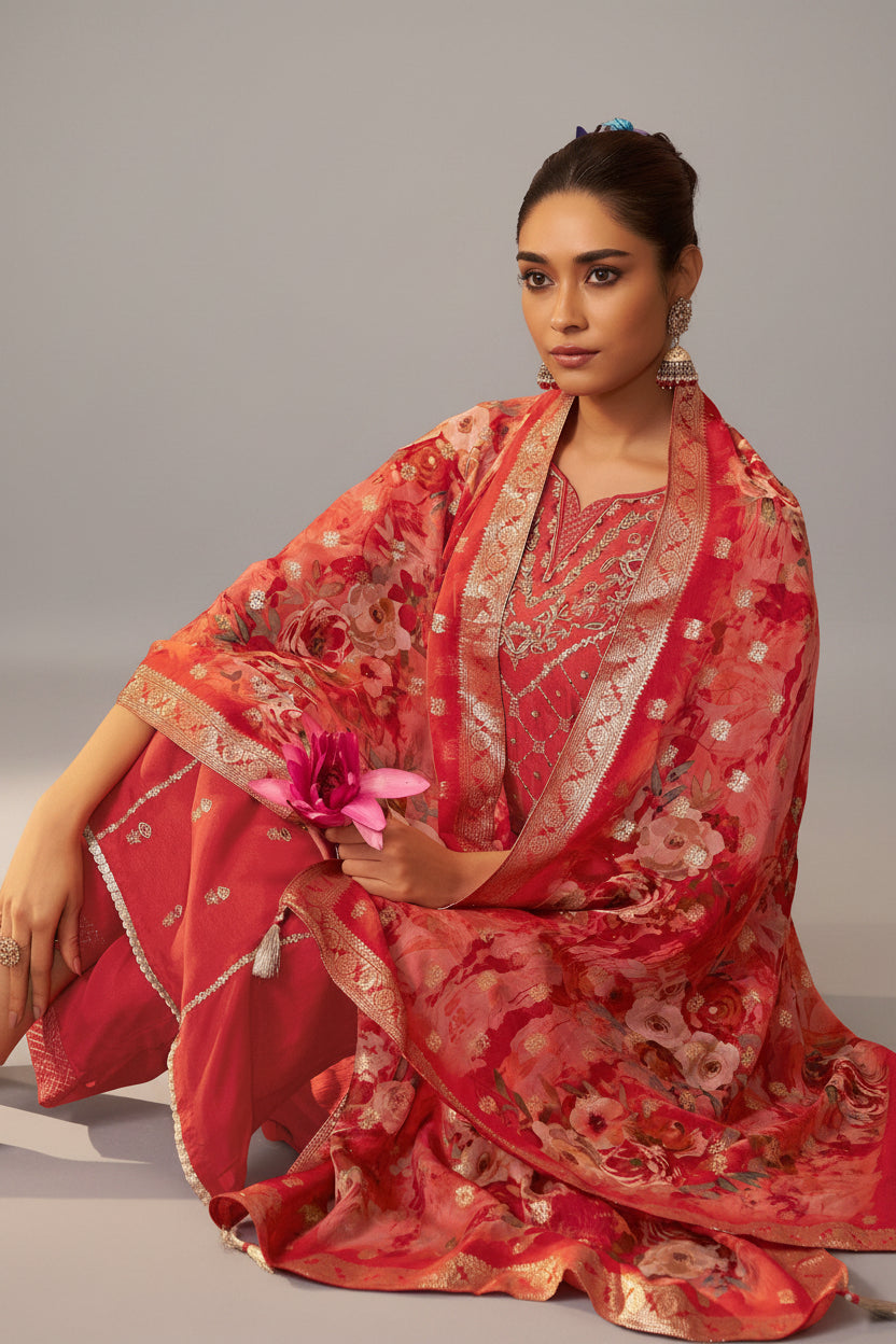 Orange Handworked Silk Festive Kurta Set