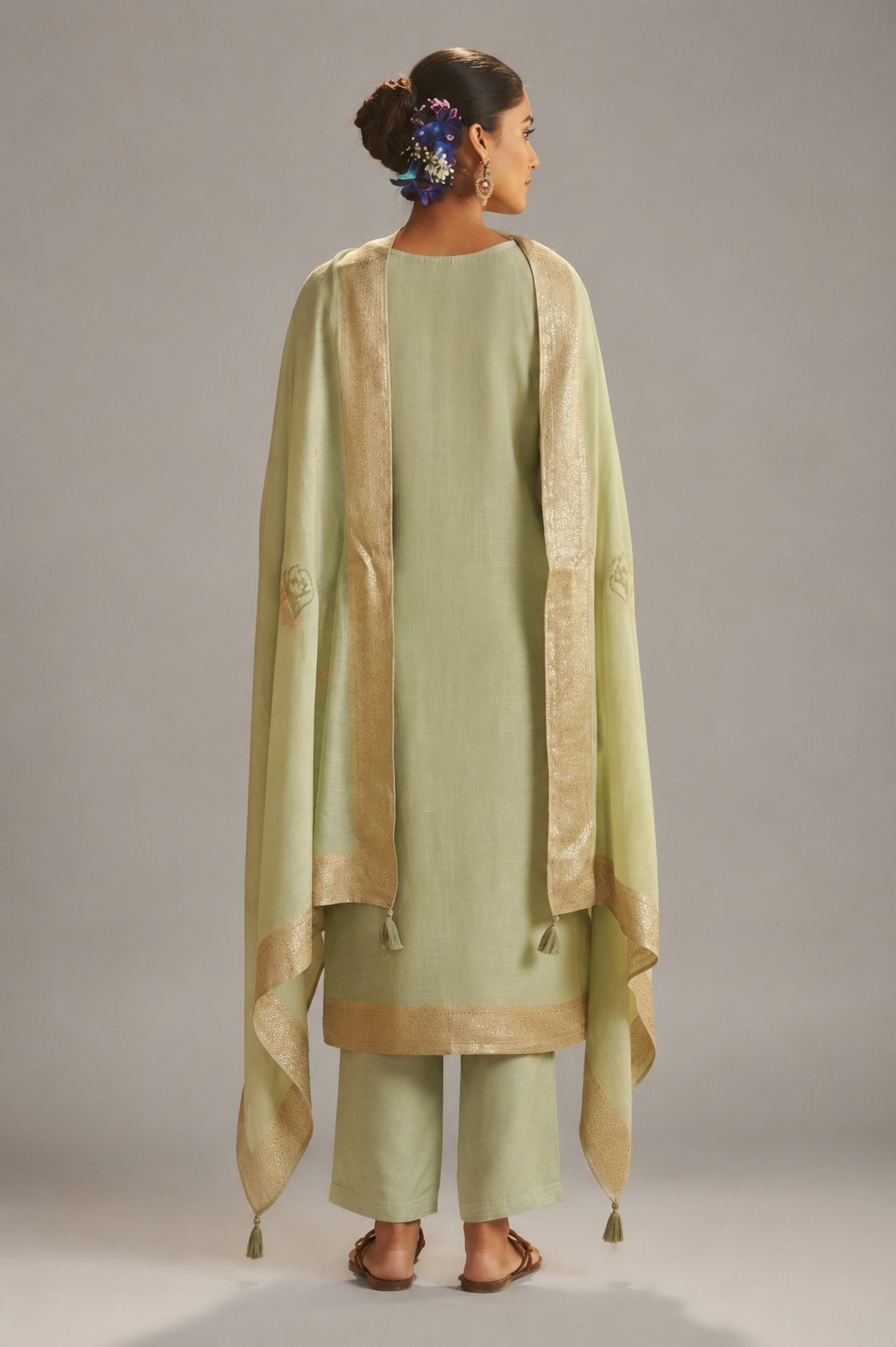 Soft Sage Green Viscose Linen Jacquard Fancy Kurta Set