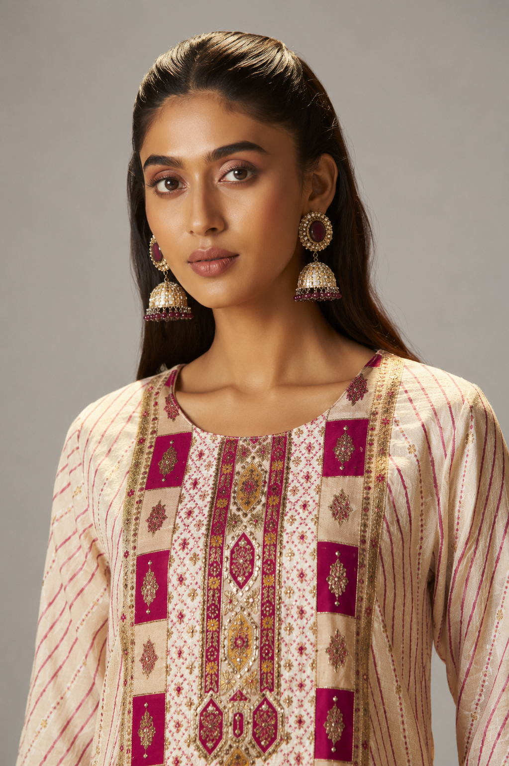 Rose-tinted Cream Position Print Viscose Jacquard Kurta Set