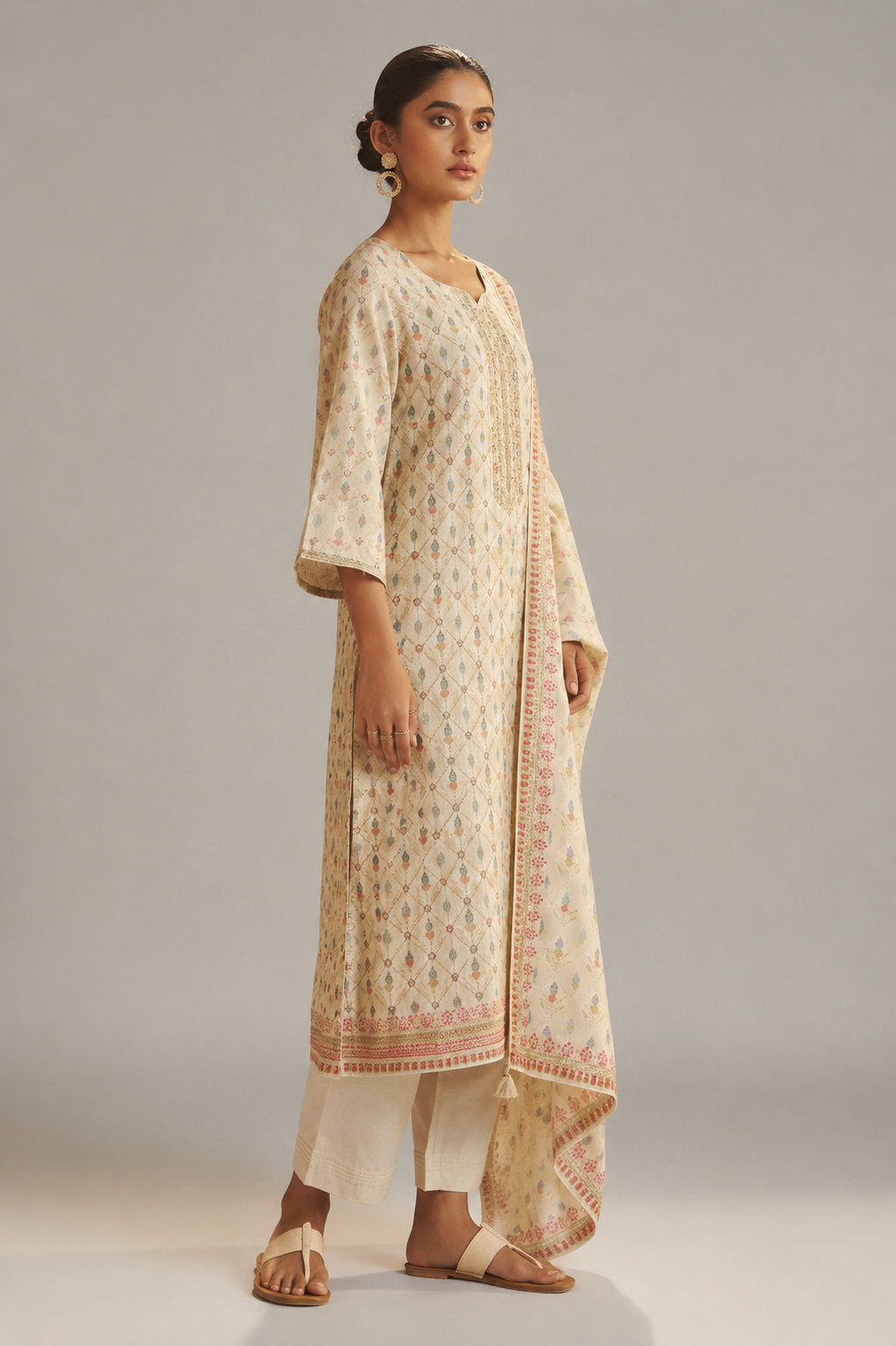 Pearl Cream Position Print Viscose Jacquard Kurta Set