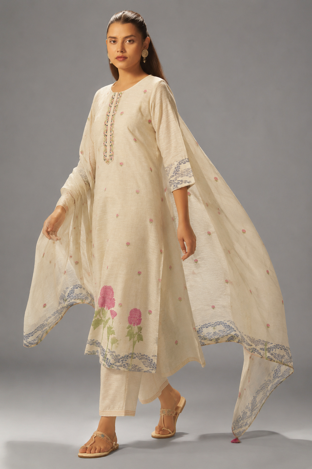 Beige Linen Chanderi Jacquard Kurta Set