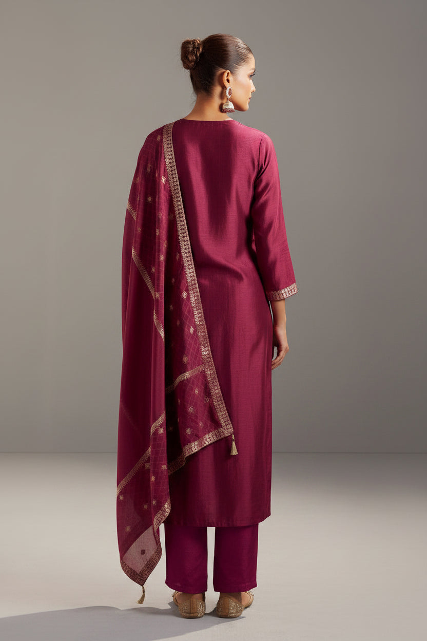 Maroon Handworked Silk Festive Kurta Set
