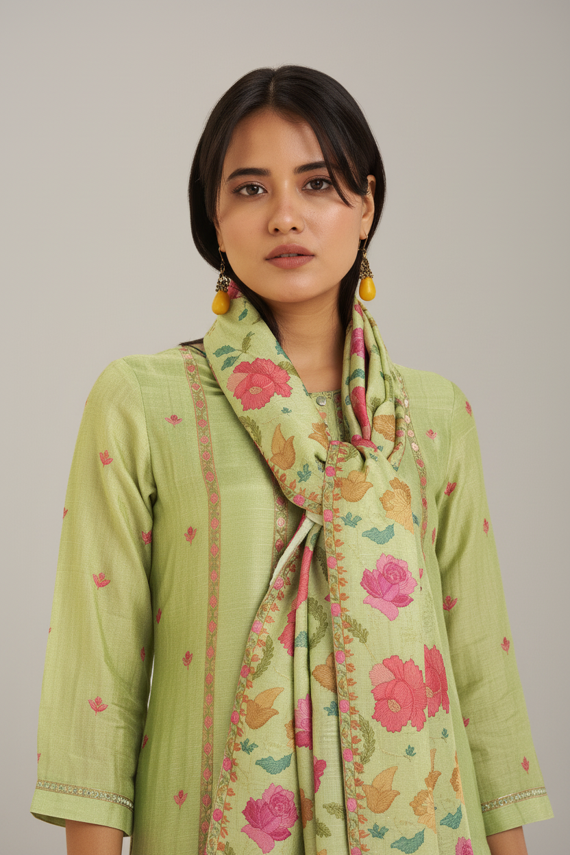 Pistachio Bloom Printed Viscose Jacquard Kurta Set