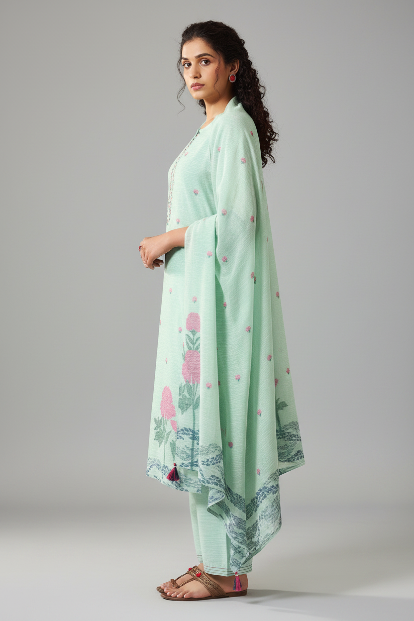 Mint Peony Linen Chanderi Jacquard Kurta Set