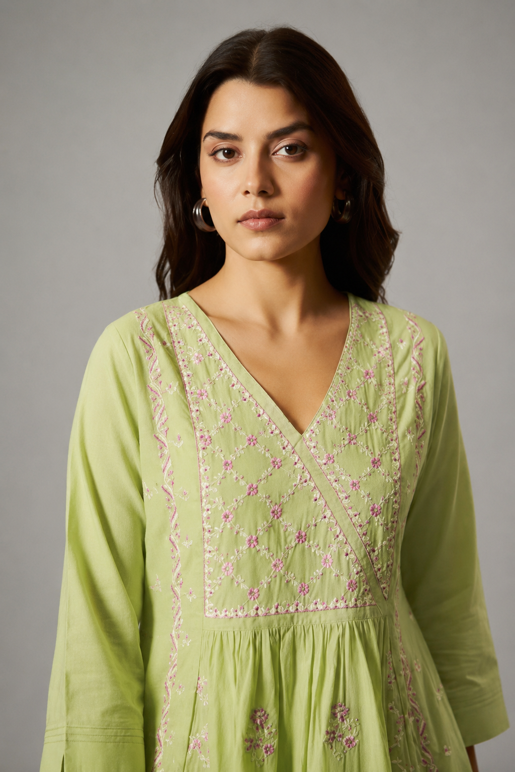 Lime Green A-Line Pure Cotton Embroidery Kurta Set