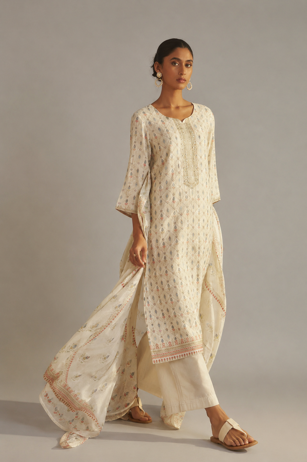 Pearl Cream Position Print Viscose Jacquard Kurta Set