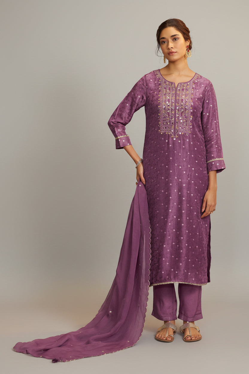 Mirror Embroidery Kurta Set – Purple