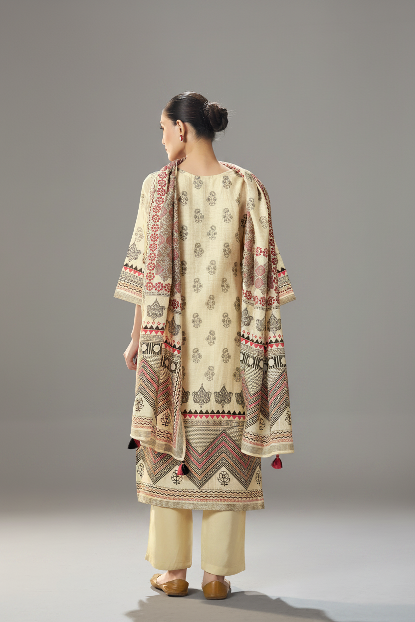 Ivory Caravan Shimmer Linen Digital Printed Kurta Set