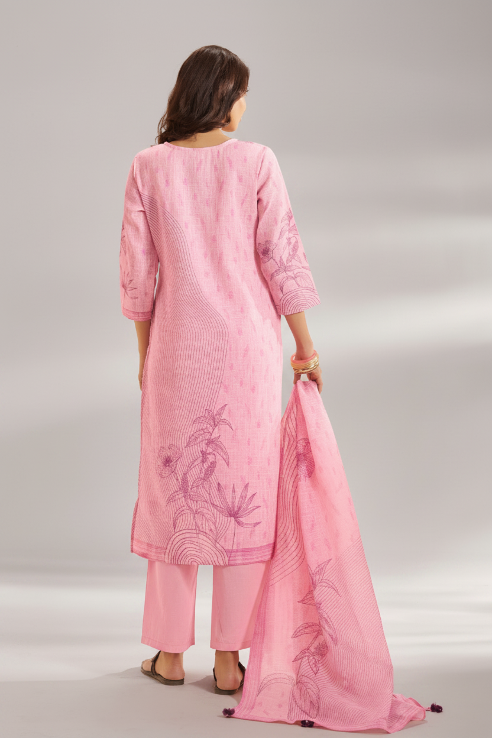 Soft Fuchsia Linen Cotton Digital Printed Kurta Set