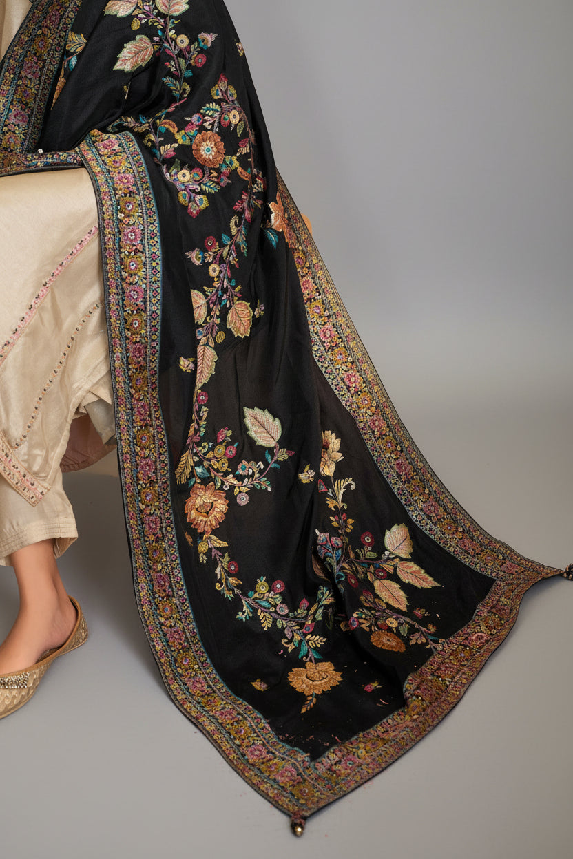 Russian Silk Kurta with Contrast Jacquard Dupatta – Cream