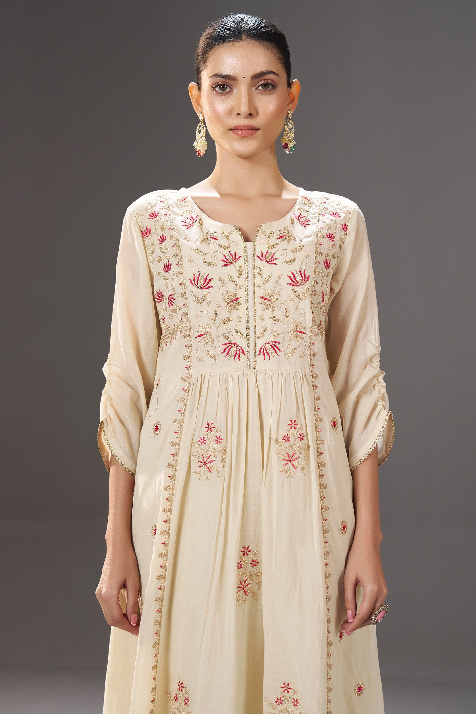 Ivory Blossom Embroidery Kurta Set with Leheriya Dupatta