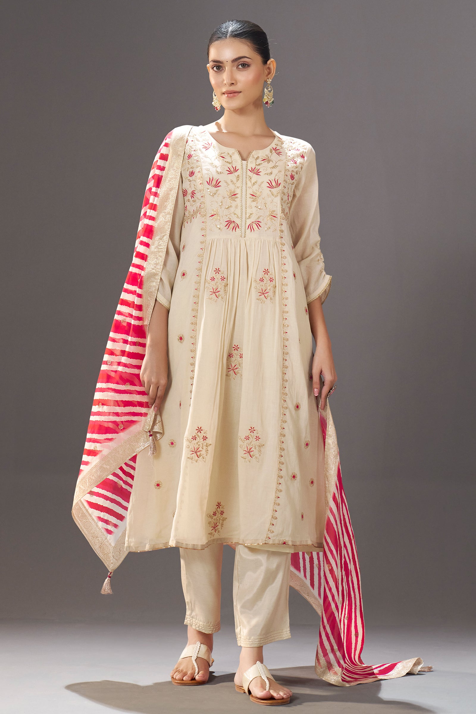 Ivory Blossom Embroidery Kurta Set with Leheriya Dupatta
